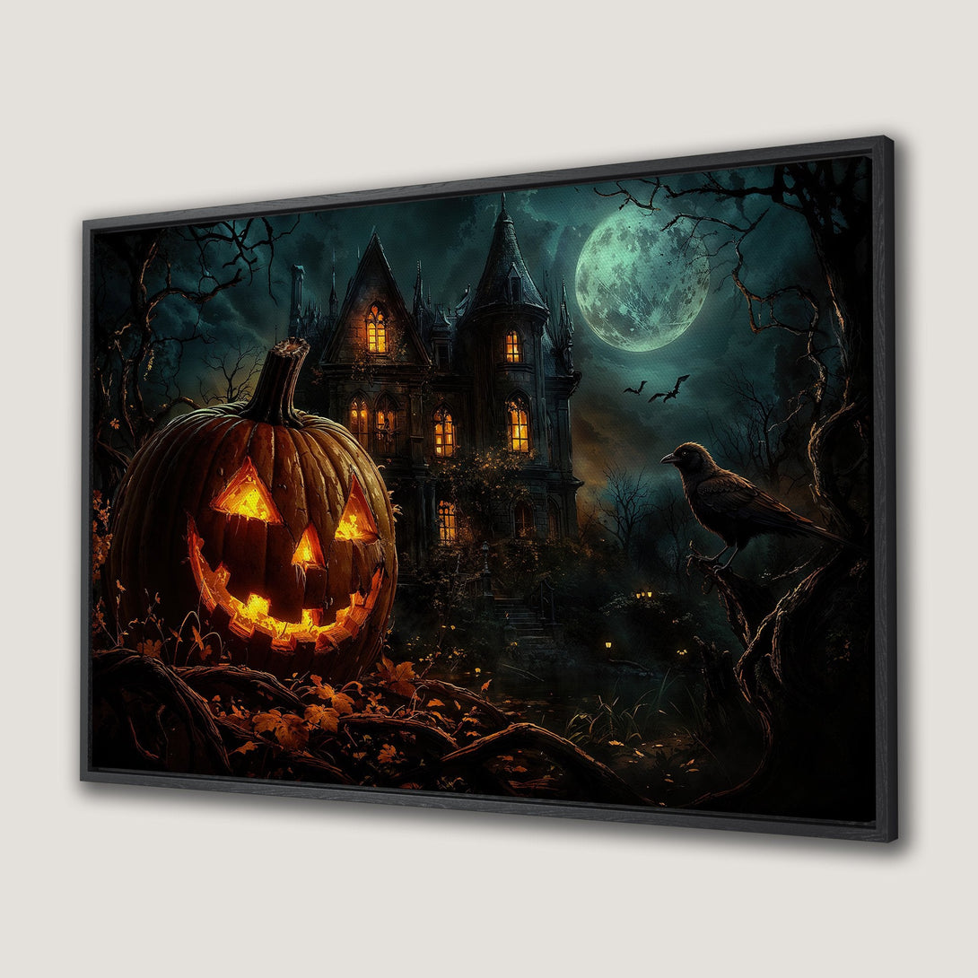 Spooky Halloween Canvas Print featuring a glowing jack-o'-lantern, haunted house, & crow. Dark, moody color palette perfect for seasonal decor.