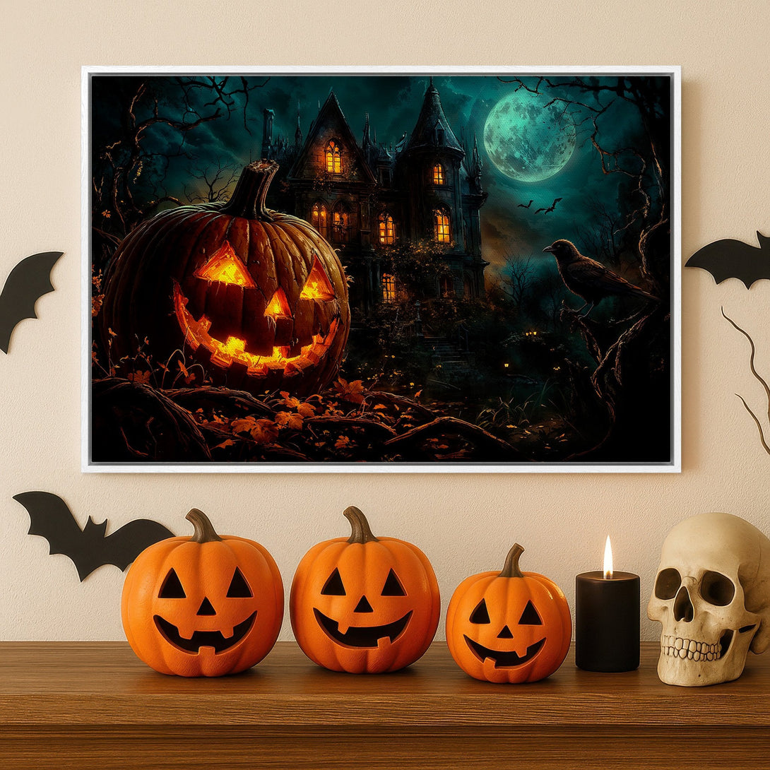 Framed Wall Art: Spooky Halloween scene with a glowing jack-o'-lantern, haunted house, and dark teal/orange color palette. Perfect for seasonal decor!
