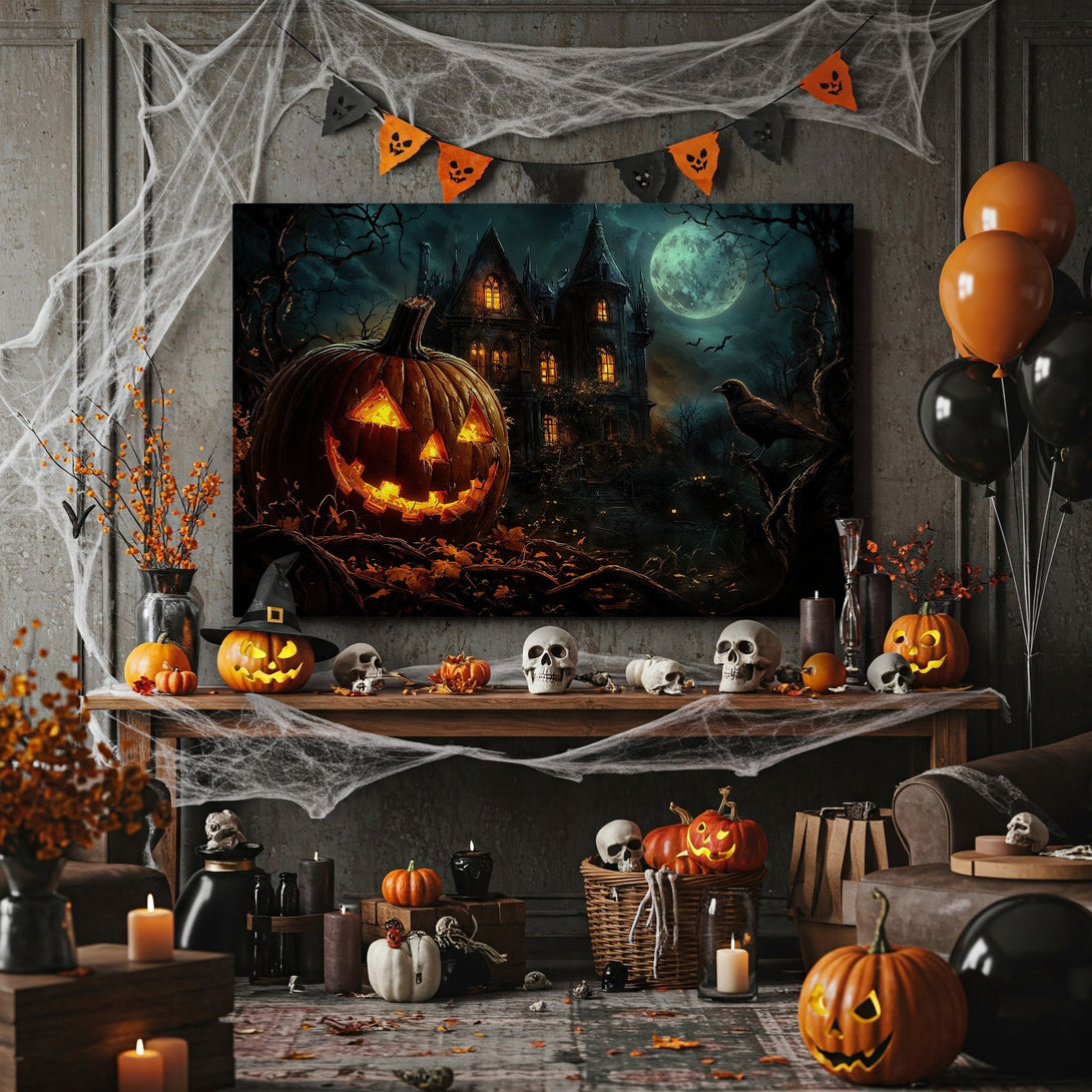 Framed Wall Art: Spooky Halloween scene with a haunted house and jack-o'-lantern. Dark, moody palette with orange, black, and teal tones. Perfect for fall decor.