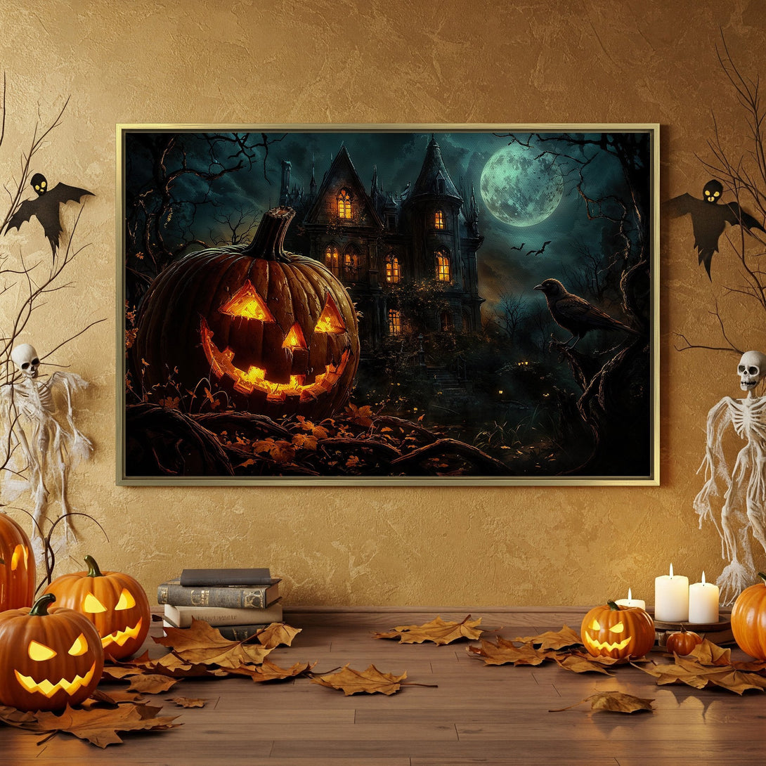 Canvas Print of a spooky Halloween scene with a haunted house, jack-o'-lantern, and dark teal, orange, & black color palette. Perfect for seasonal decor!