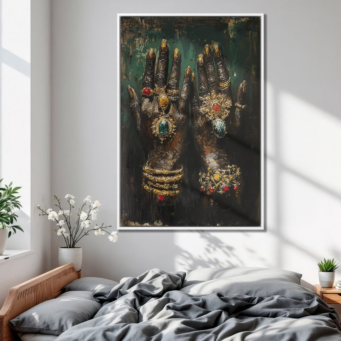 Framed Wall Art of a woman with long black hair, dramatic style, and a red & brown color palette. Perfect for bedroom decor.