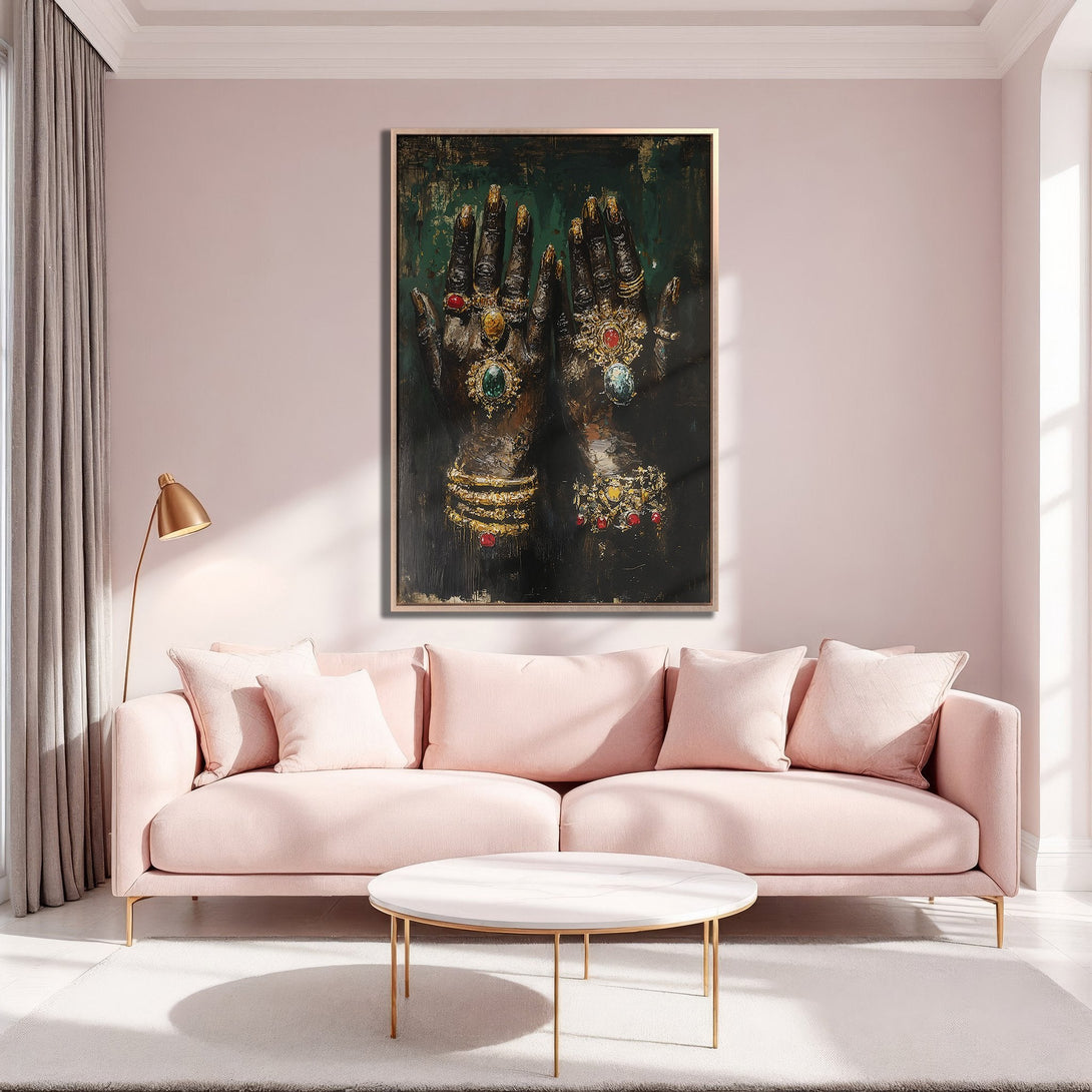 Framed Wall Art featuring a woman with long black hair, in a dramatic style, with a red and pink color palette. Perfect for modern home decor.