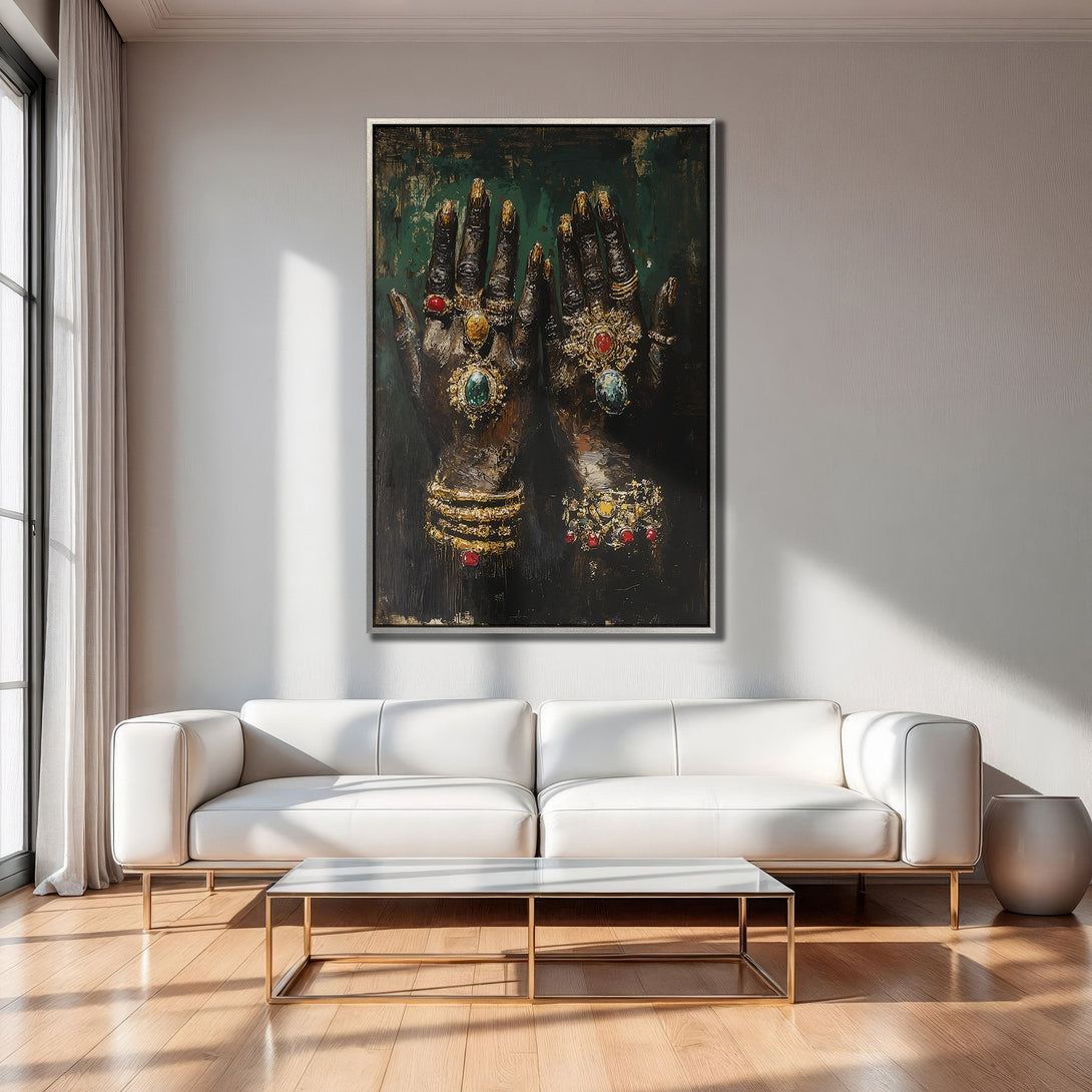 Framed Wall Art: Elegant woman portrait in dark, romantic style. Features a red and black color palette. Perfect for living room decor.