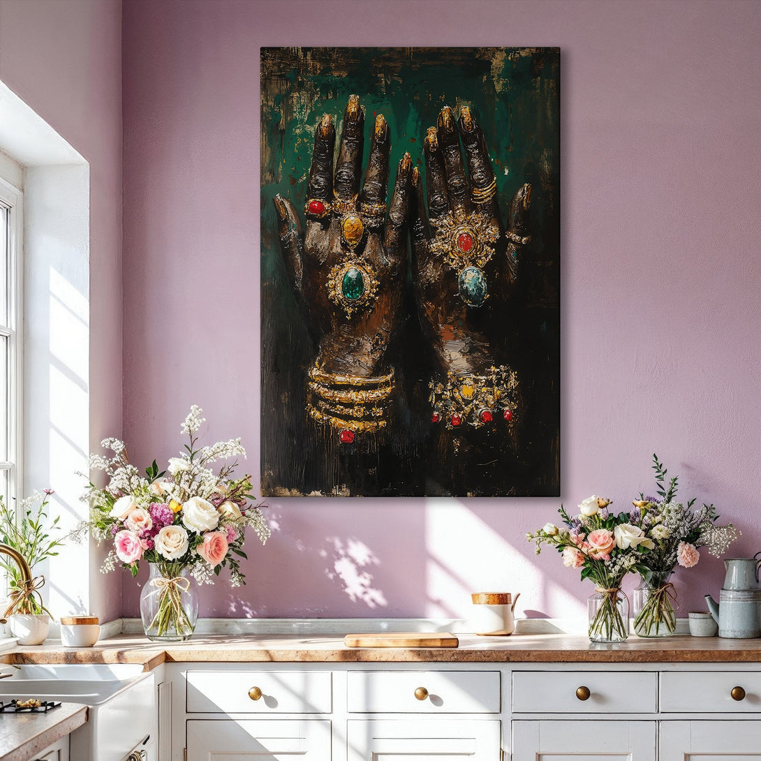 Framed Wall Art: Elegant woman portrait in a red and black color palette. A stunning canvas print to elevate your home decor with artistic flair.