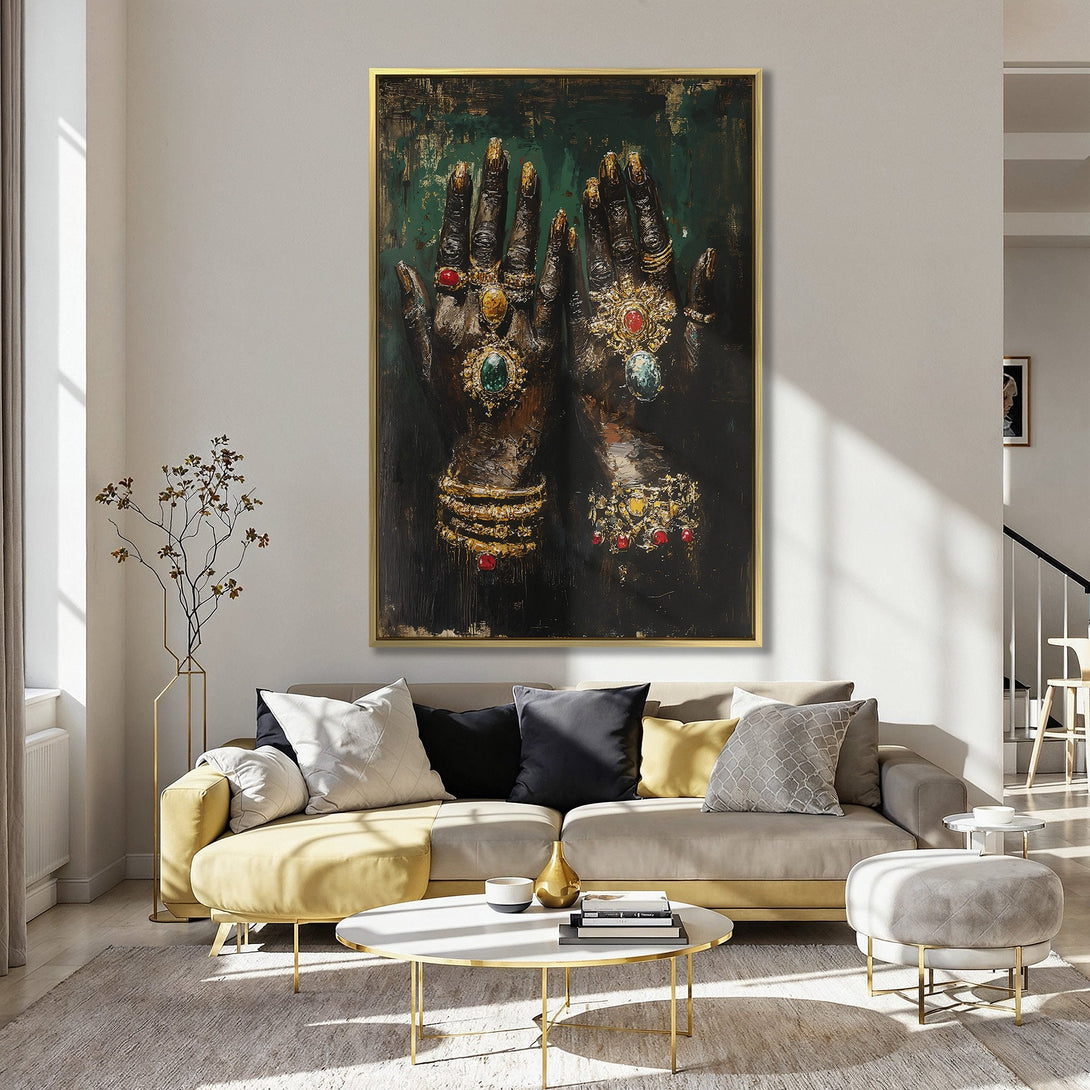 Canvas Print featuring a woman with flowing black hair, floral accents, and a red backdrop, displayed in a stylish interior with a pink wall.