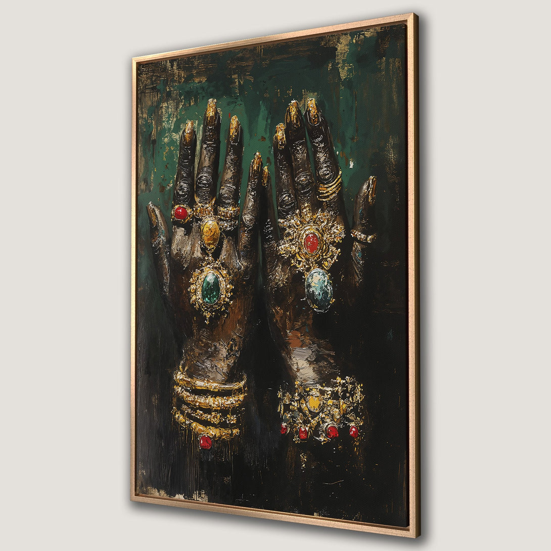 Framed Wall Art featuring a woman with long black hair, in an Art Nouveau style. Rich red, black, and gold color palette. Perfect for adding elegance.