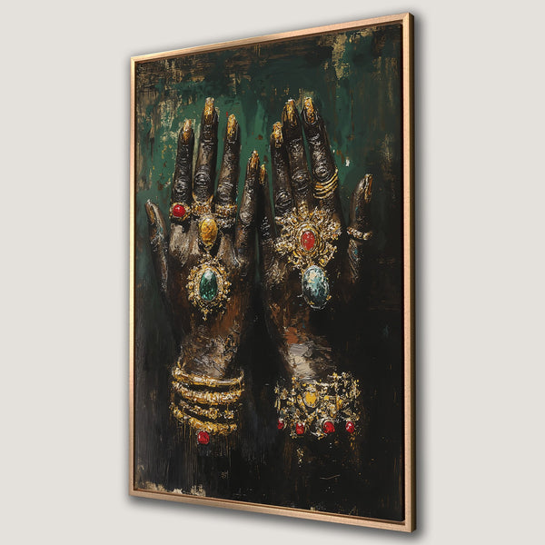 Framed Wall Art featuring a woman with long black hair, in an Art Nouveau style. Rich red, black, and gold color palette. Perfect for adding elegance.