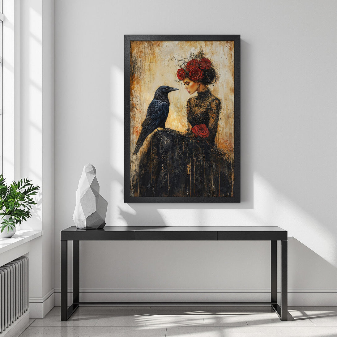 Framed Poster of woman with raven, vintage style, warm gold and black palette. Add a touch of mystery to your space!
