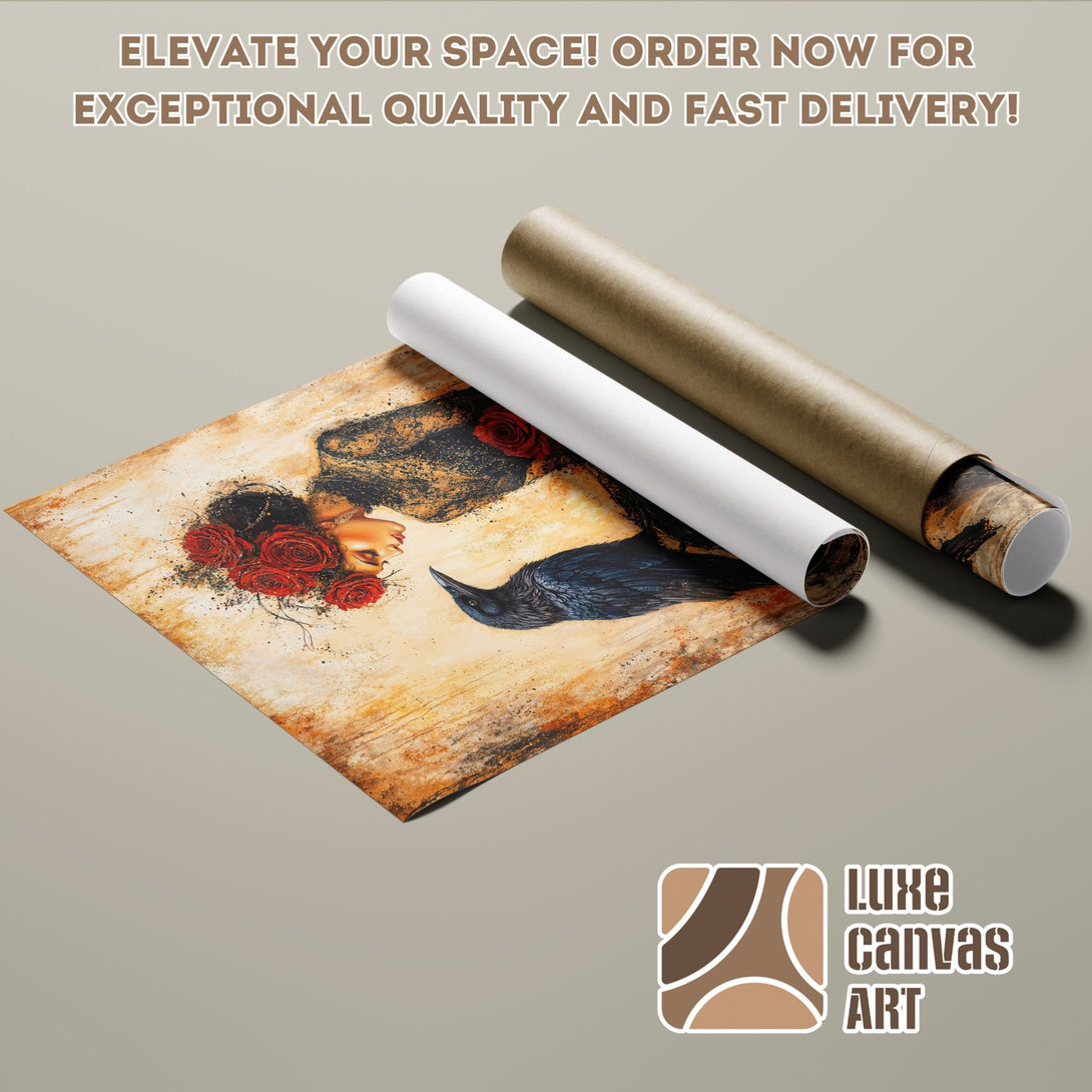 Poster Roll featuring a woman with roses and a raven, artistic style, warm color palette. Elevate your space!