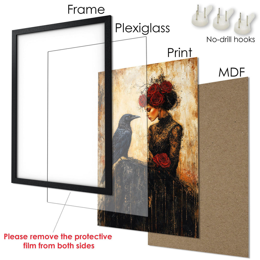 Framed Poster featuring a woman with roses and a raven, in a dark, moody style with a warm, earthy color palette.