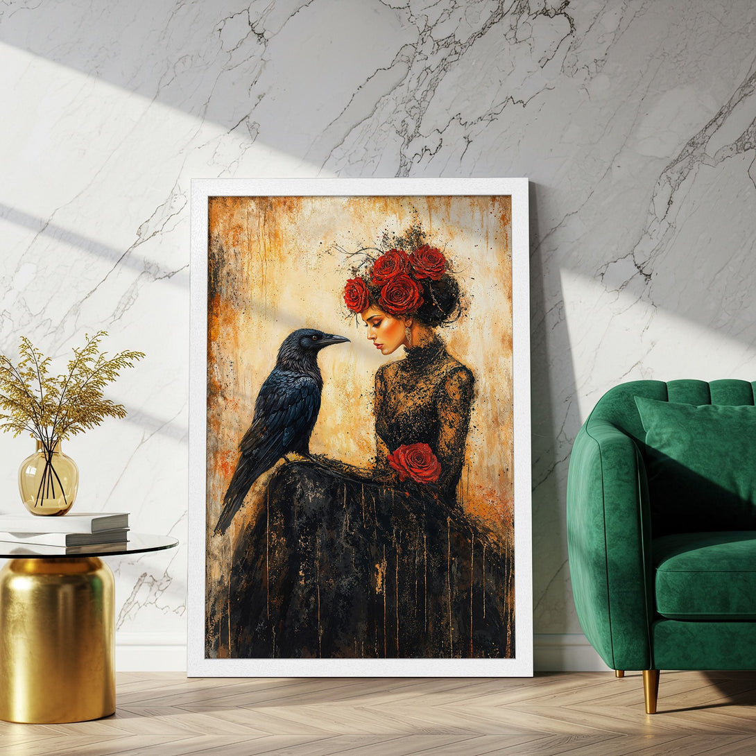 Framed Poster featuring a woman with a raven, in a dark, artistic style with a warm, earthy color palette. Perfect wall art!