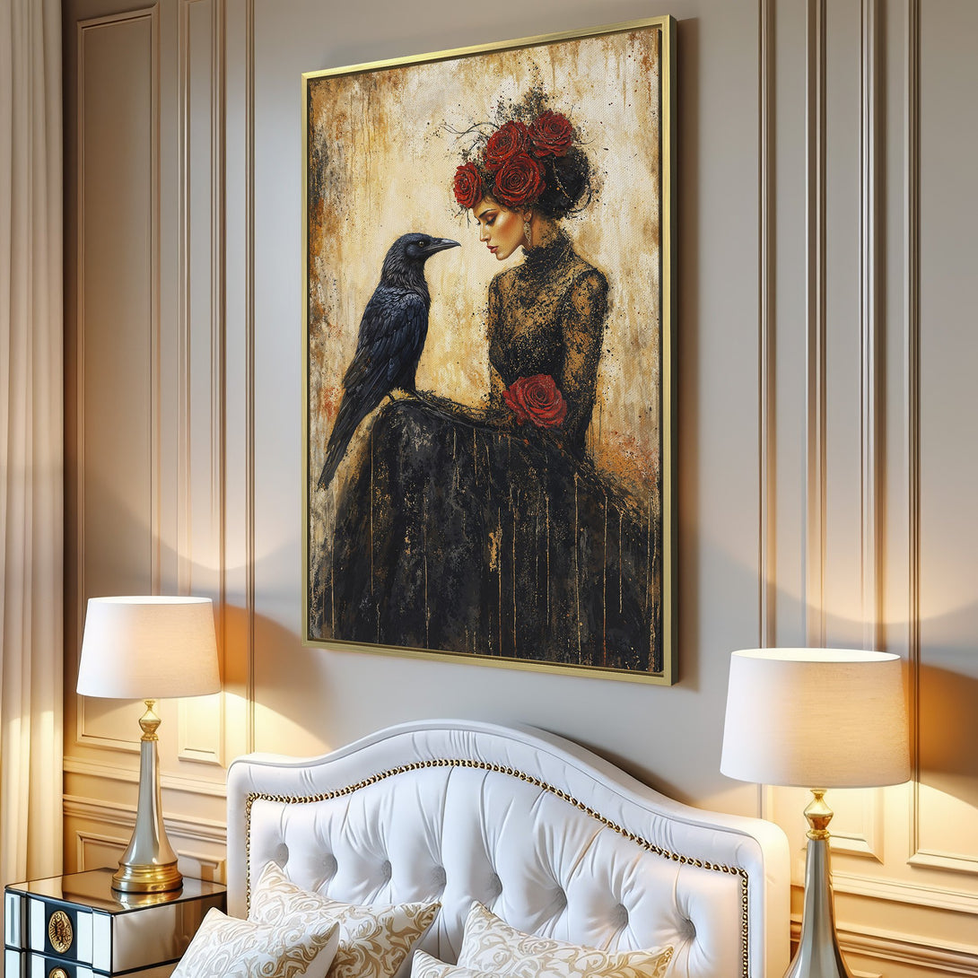 Canvas Print featuring a woman with a raven, gothic art style. Warm, earthy tones with pops of red. Perfect wall art for a stylish home.