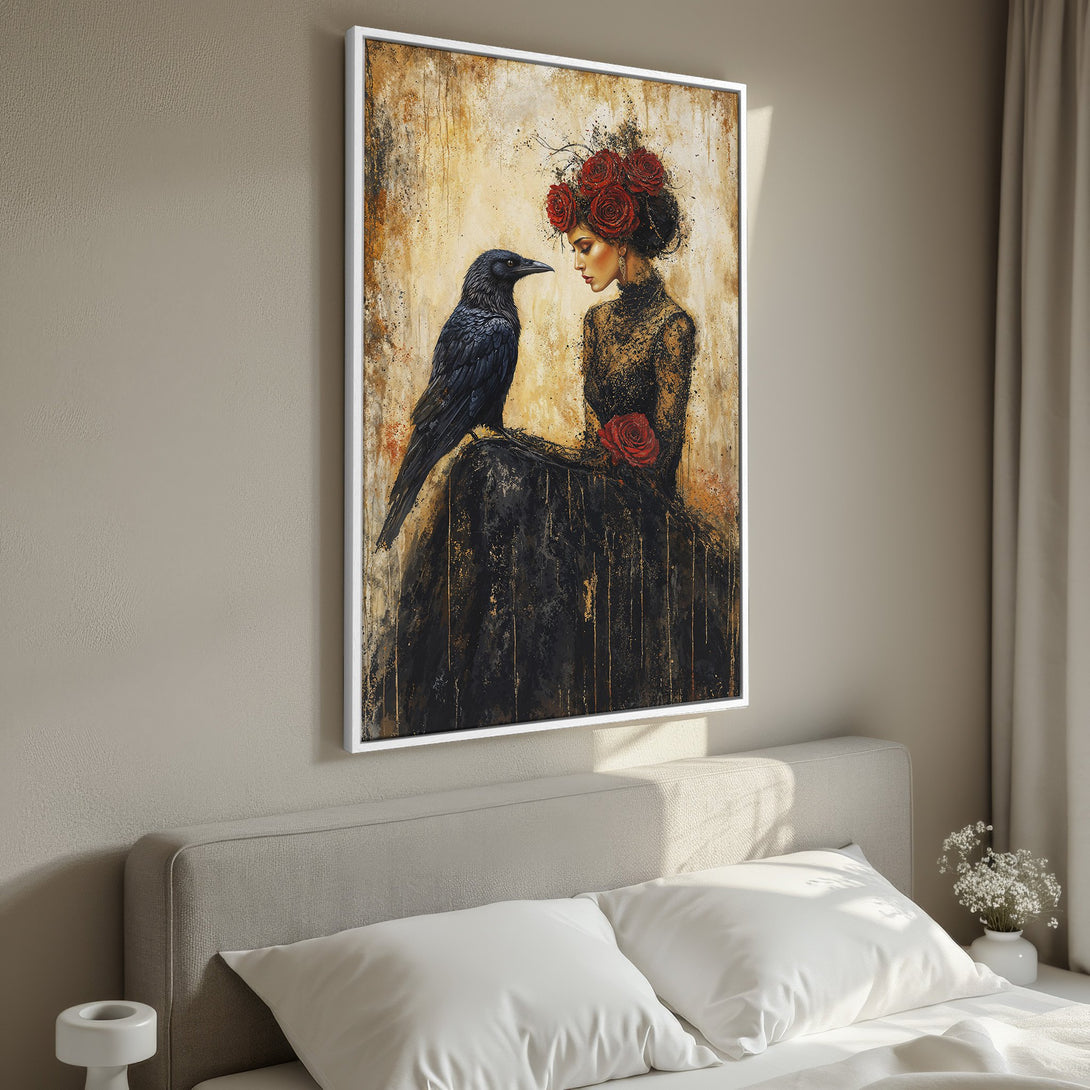 Framed Wall Art featuring a woman with a raven, in a gothic style with a warm, earthy and black color palette. Perfect for bedroom decor.