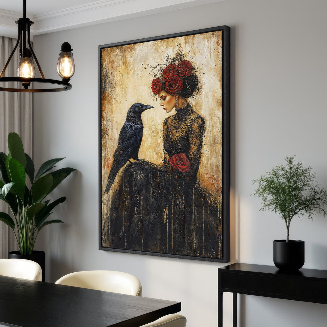 Framed Wall Art: Elegant woman with raven Canvas Print. Gothic style, featuring a warm, earthy palette with black, gold, and red accents. Perfect for home decor.