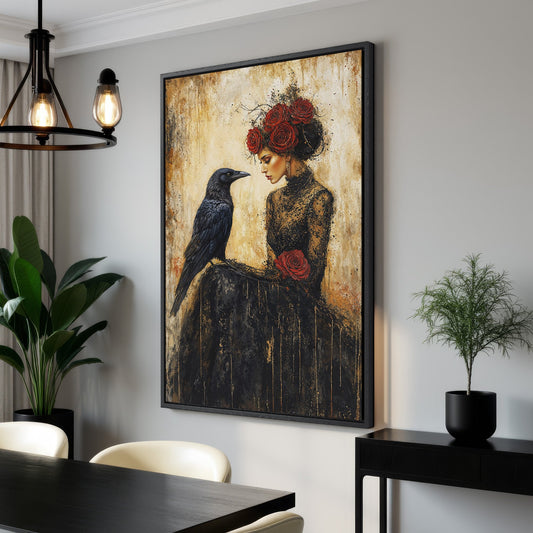 Gothic Lady and Raven Canvas Print with Red Roses
