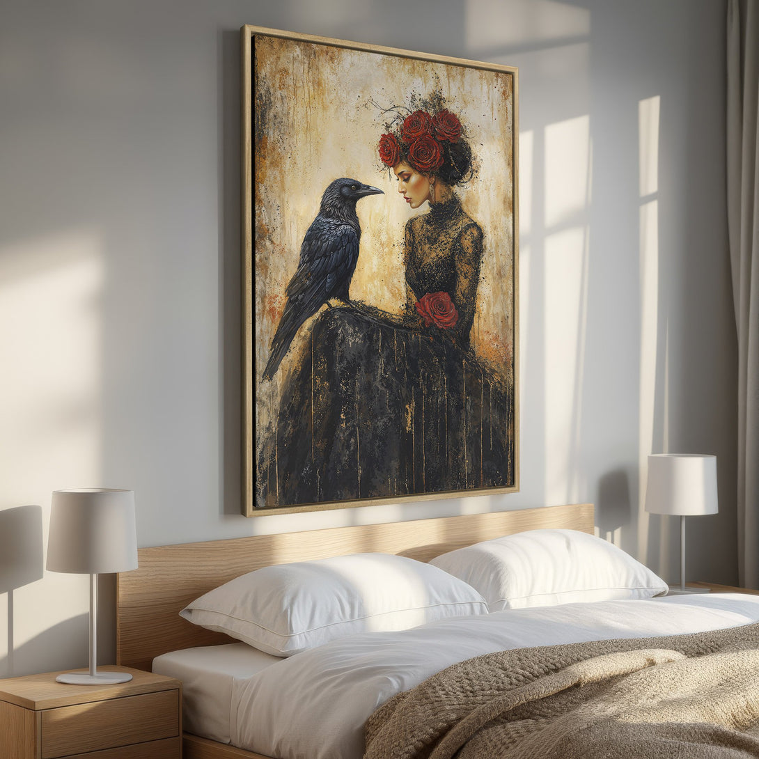 Framed Wall Art: Gothic woman with raven, red roses, and dark dress. Abstract art in a bedroom, featuring a warm, earthy palette.
