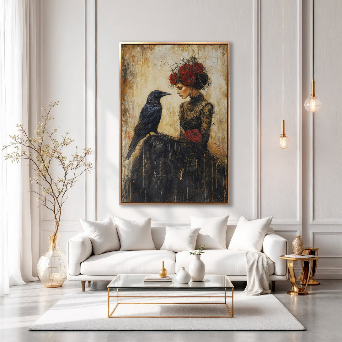Framed Wall Art of woman with raven, gothic style, rich gold, black, and red tones. Elegant decor for living room.