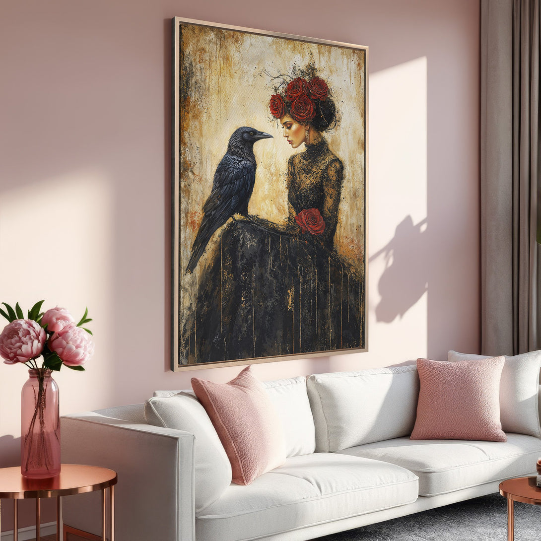 Framed Wall Art: Gothic woman portrait with raven, roses, and gold accents. Moody art in black, gold, and blush pink color palette. Elevate your space!