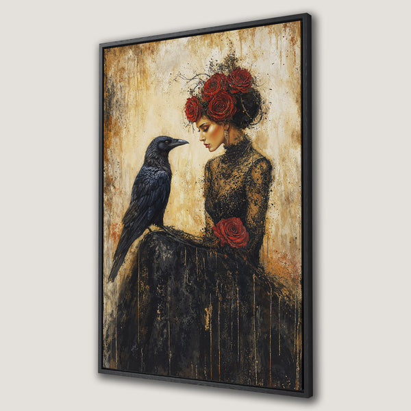 Framed Wall Art Canvas Print featuring a gothic woman with a raven, in a dark, moody style with a gold, black, and red color palette.