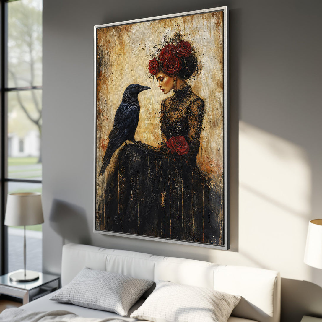 Framed Wall Art: Gothic woman with raven, dramatic painting in warm tones. Perfect for bedroom decor. Enhance your space with this unique canvas print.