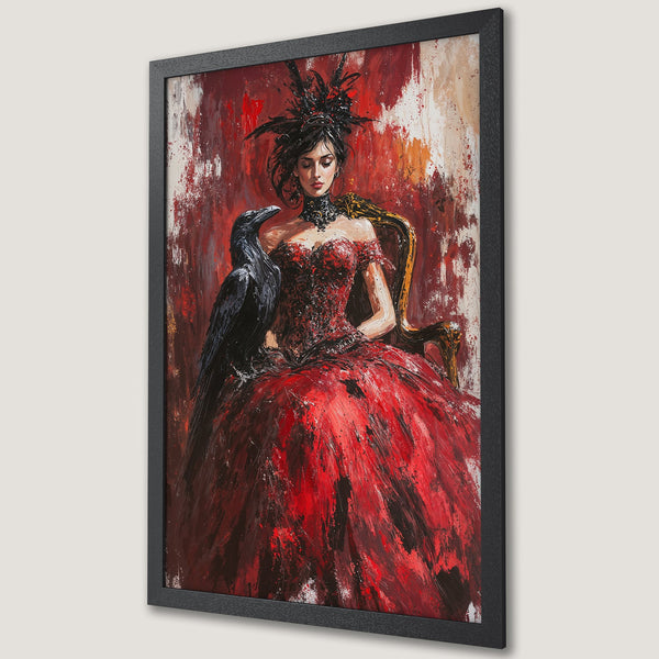 Framed Poster: Gothic woman with raven in red, black, and gold abstract art. Add drama to your decor!