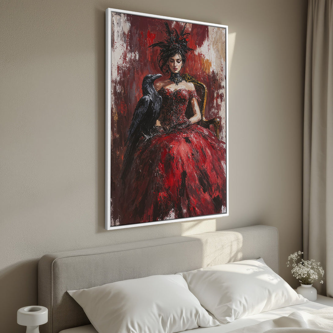 Framed Wall Art: Dramatic portrait of a woman in red dress with a raven, painted in a bold, expressive style with a rich red and black color palette. Perfect for any room!