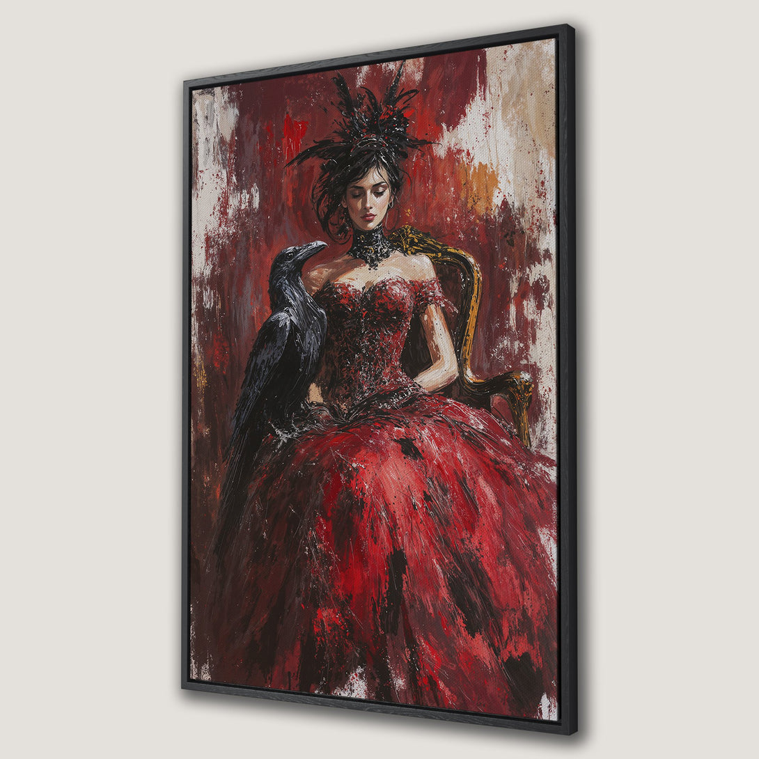 Framed Wall Art: Gothic woman with raven, red and black abstract painting. Dramatic canvas print for a bold statement.