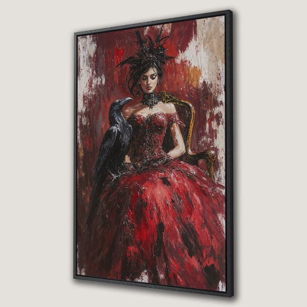 Framed Wall Art: Gothic woman with raven, red and black abstract painting. Dramatic canvas print for a bold statement.
