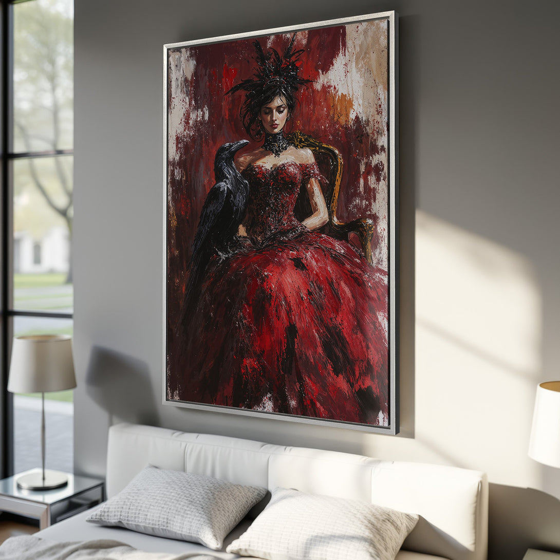 Framed Wall Art of a woman in a red dress with a raven, painted in a dramatic, expressive style. Rich red and black color palette for a bold statement.