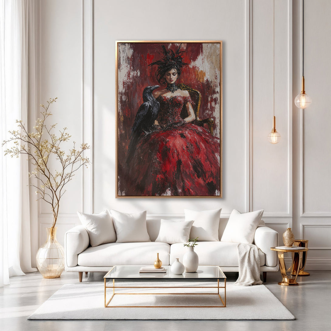 Framed Wall Art: Dramatic portrait of a woman in red dress, with a raven. Rich red and black palette, displayed in a modern interior. Add a touch of elegance!