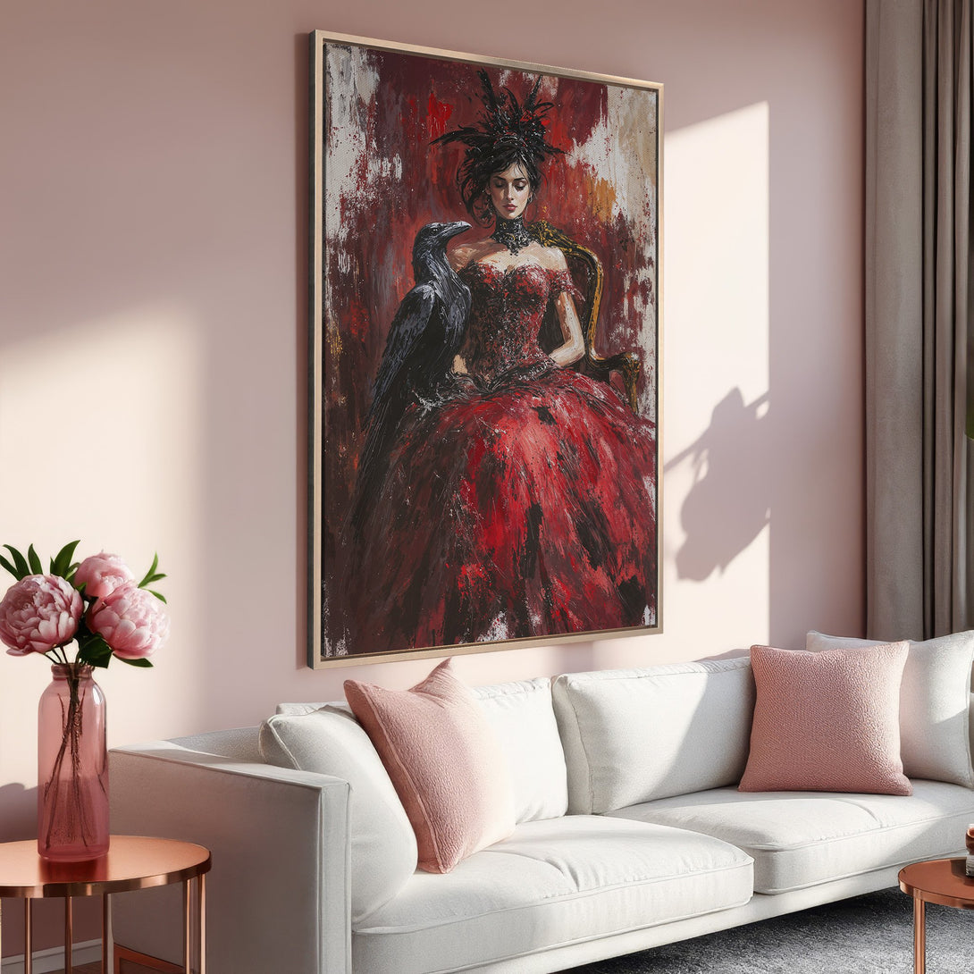 Framed Wall Art: Dramatic portrait of a woman in red dress with a raven, displayed in a modern living room. Rich red and black palette.