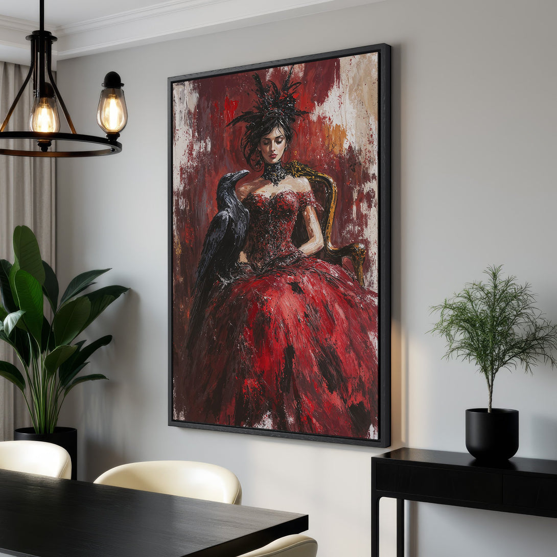 Framed Wall Art: Dramatic portrait of a woman in red dress with a raven, painted in bold, expressive style. Red, black, and gold color palette.