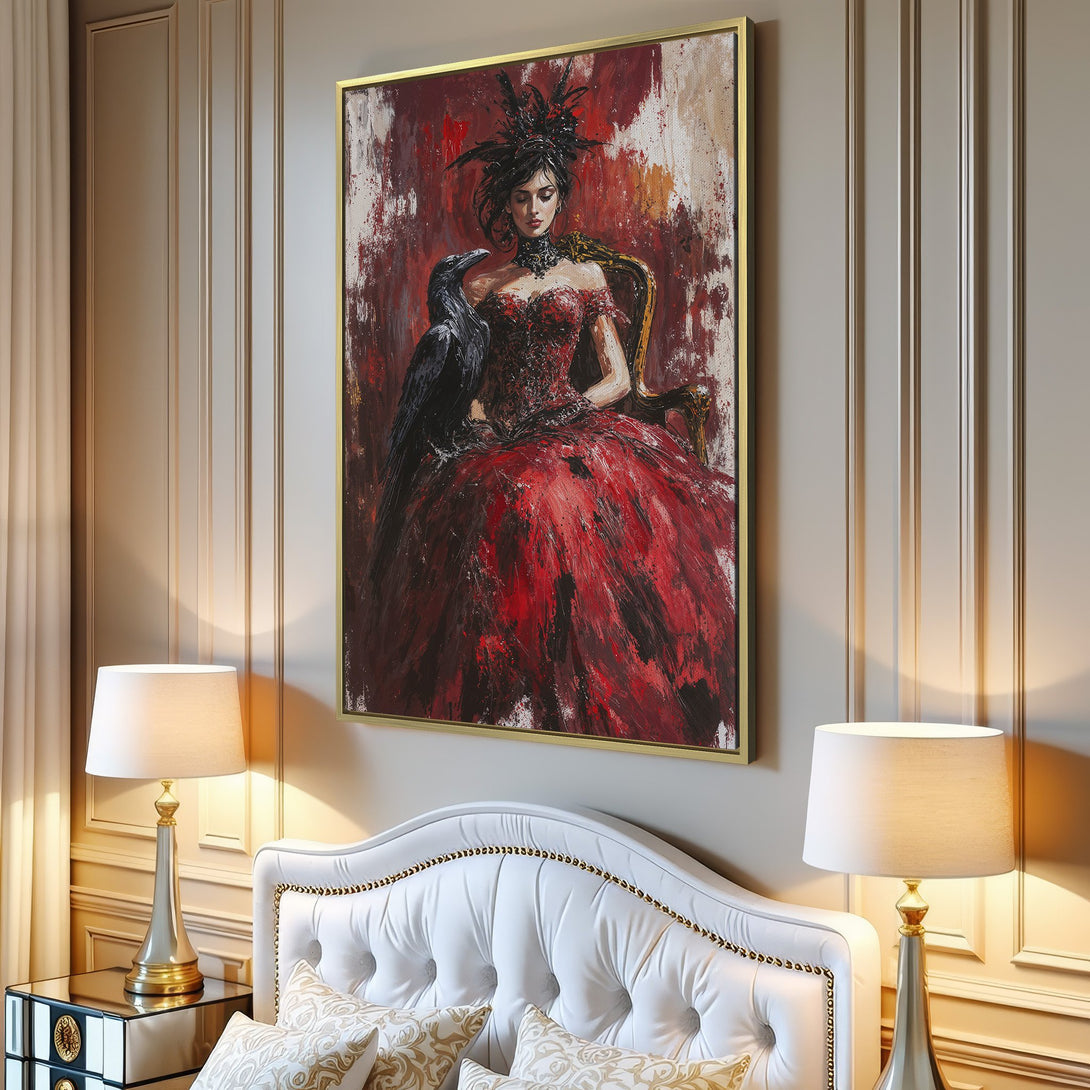 Canvas Print of a woman in a red dress with a raven, oil painting style, dramatic red and black color palette. Elevate your space!