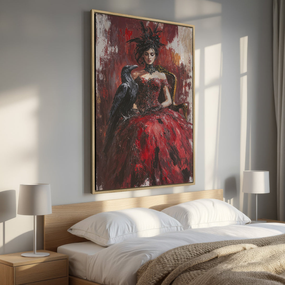 Framed Wall Art: Dramatic portrait of woman with raven, rich red and black palette. Perfect for bedroom decor. Shop Canvas Prints for unique art!