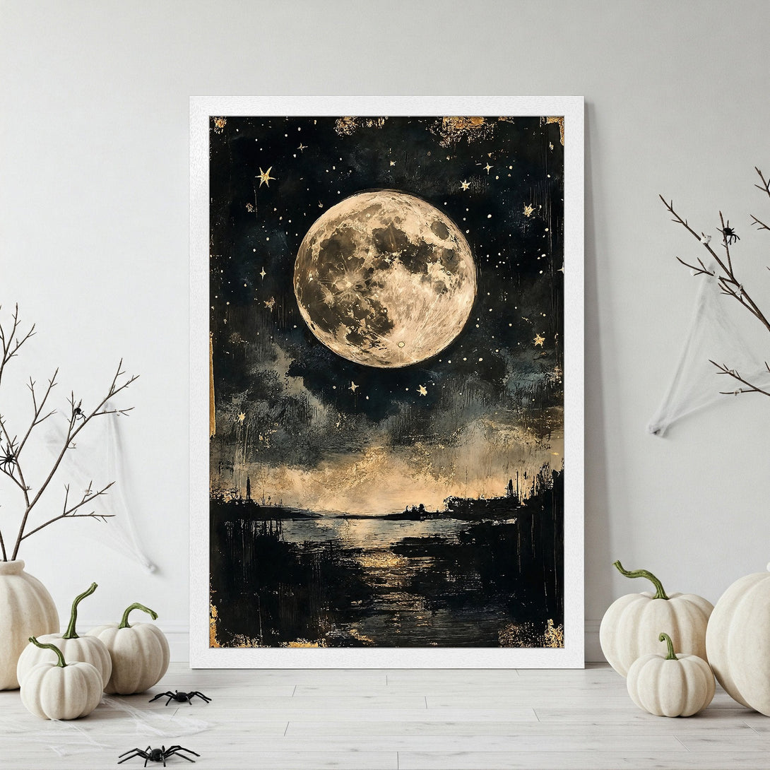Framed Poster featuring a mystical moonlit landscape in a dark, moody style with a gold and black color palette. Perfect for Halloween decor!