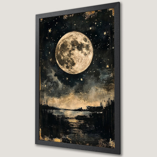 Framed Poster featuring a stunning night sky with a full moon. Artistic style with a dark, moody color palette of black, gold, and beige.