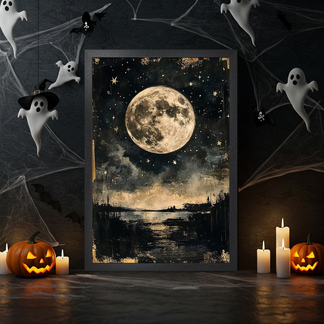 Framed Poster featuring a moonlit landscape art print. Dark, moody palette with gold accents, perfect for Halloween decor.