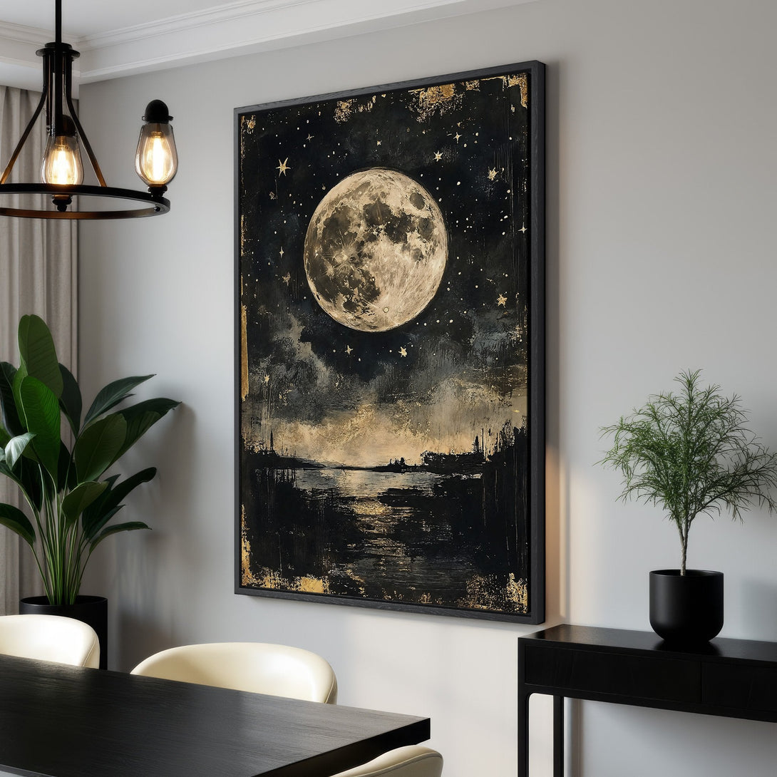 Framed Wall Art: Dramatic moonlit night scene canvas print in black, gold, and neutral tones. Perfect for adding a touch of celestial elegance to your space.