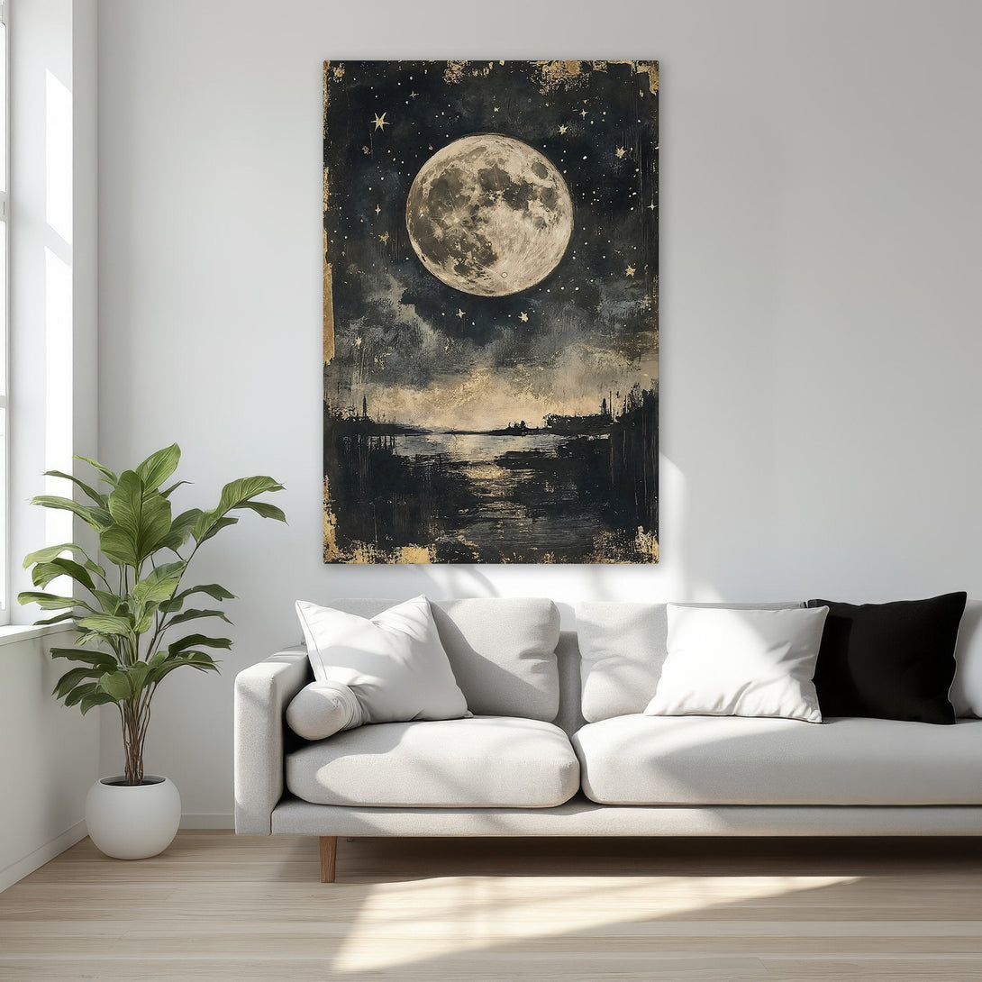 Framed Wall Art: Dramatic moonlit night scene canvas print in black, gold, and neutral tones. Perfect for adding a touch of elegance to your bedroom decor.