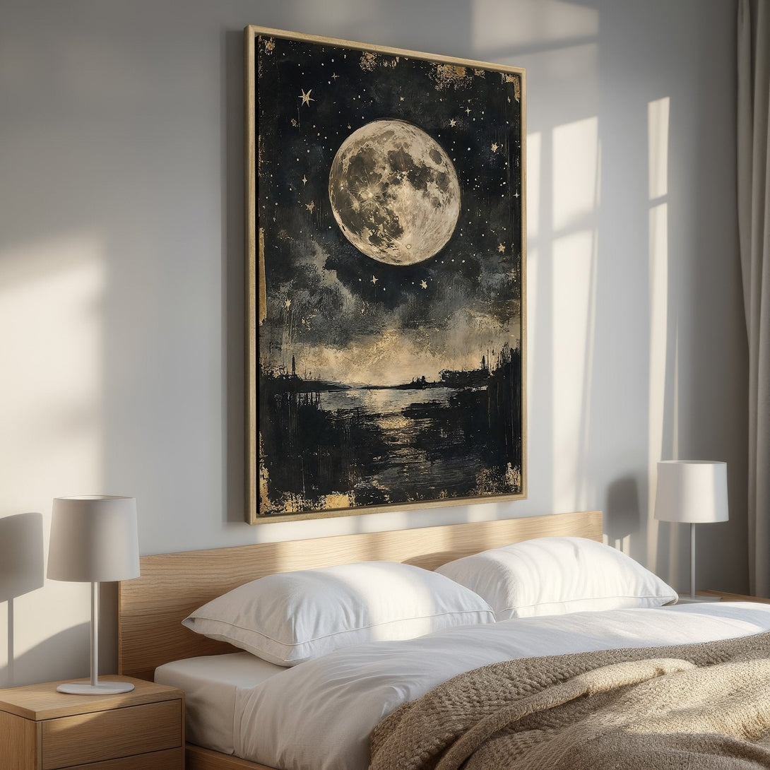 Framed Wall Art featuring a stunning moonlit night scene. This canvas print in a dark, moody style adds a touch of celestial elegance to any space. Black, gold, and neutral tones.