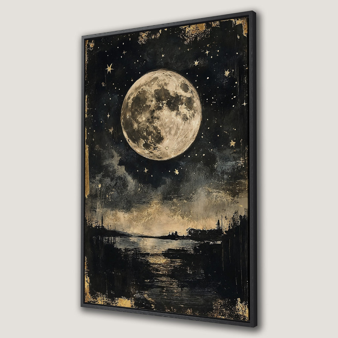 Framed Wall Art featuring a stunning moonlit night scene. Dark, moody painting with a black, gold, and beige color palette. Perfect for adding a touch of celestial beauty.