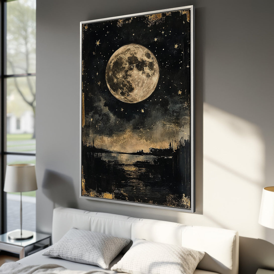 Framed Wall Art: Stunning moonlit night canvas print in black, gold, and neutral tones. Perfect for bedroom decor, adding a touch of celestial art to your space.