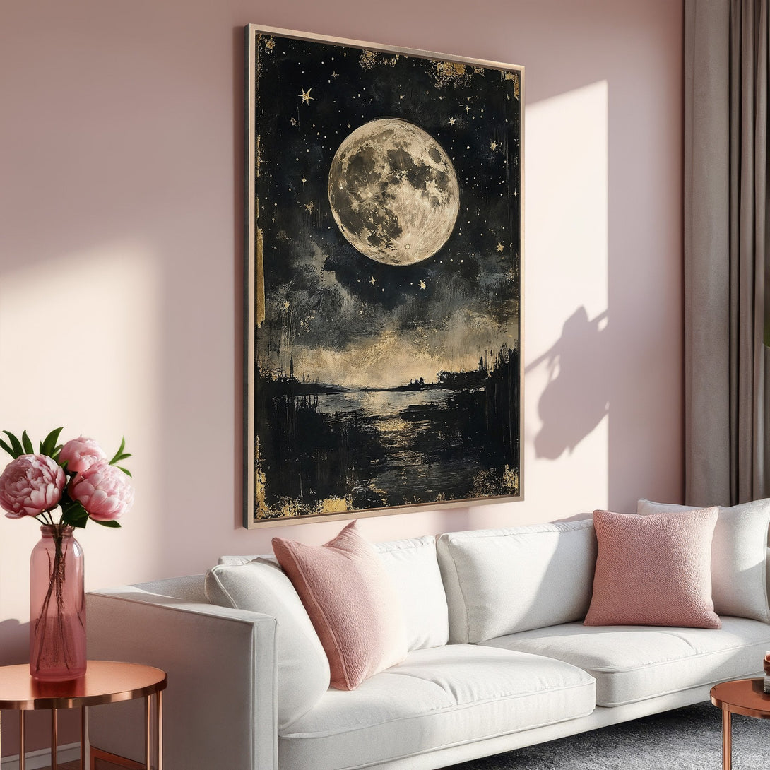 Framed Wall Art: Moonlit night scene with a full moon in a dark, moody style. Featuring a gold and black color palette, perfect for modern home decor.
