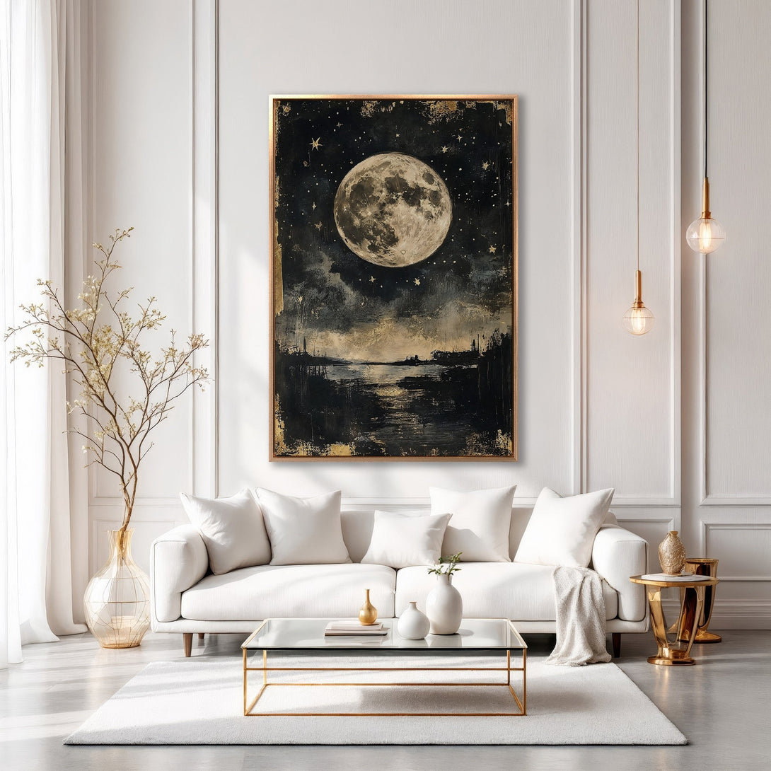 Framed Wall Art featuring a celestial moon over a landscape, in a moody, dark, and gold color palette, perfect for modern home decor.