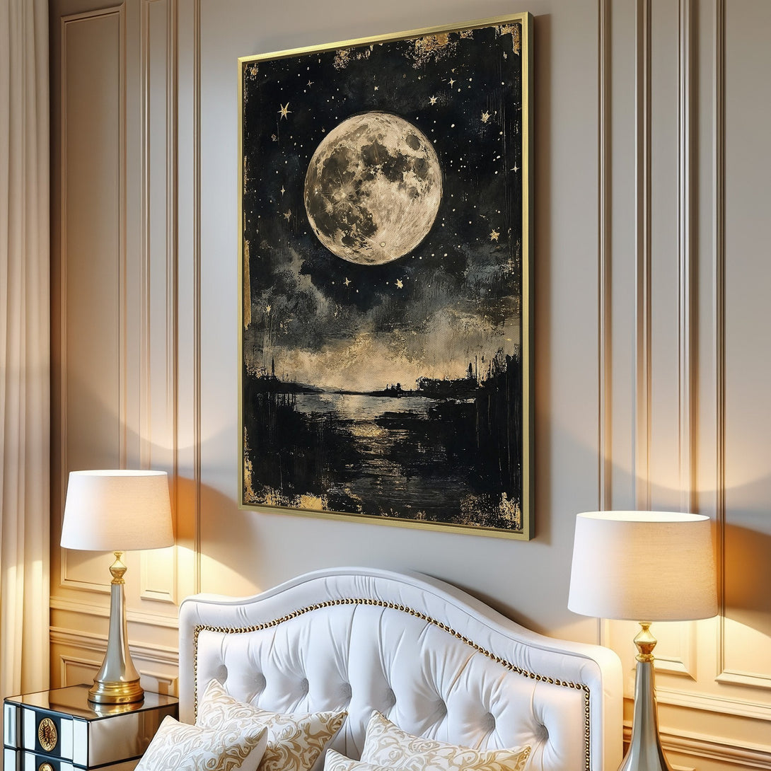 Canvas Print of a moonlit night scene in a moody, abstract style. Dark blues, gold, and beige tones create a dramatic, celestial feel.