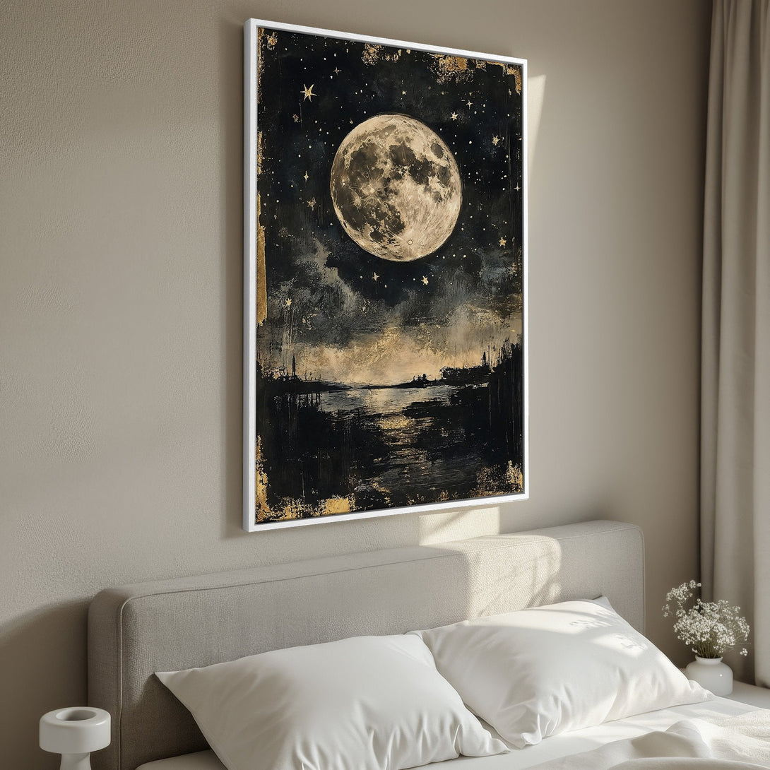 Framed Wall Art: Stunning night sky moon painting in black, gold, and beige. Perfect bedroom decor. Add a touch of celestial beauty to your space.