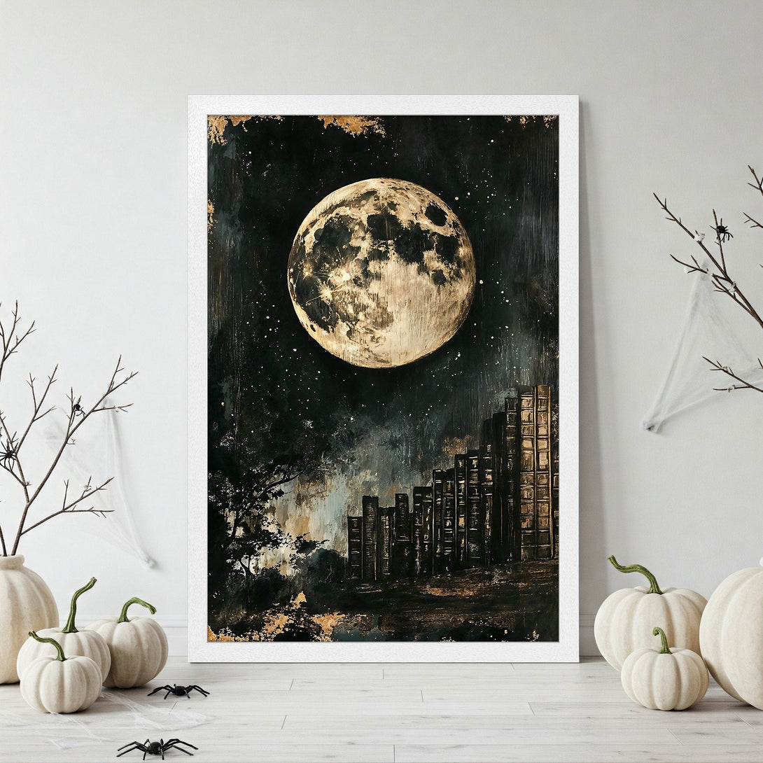 Framed Poster featuring a surreal moonlit cityscape in a dark, moody style with a gold and black color palette. Perfect wall art!