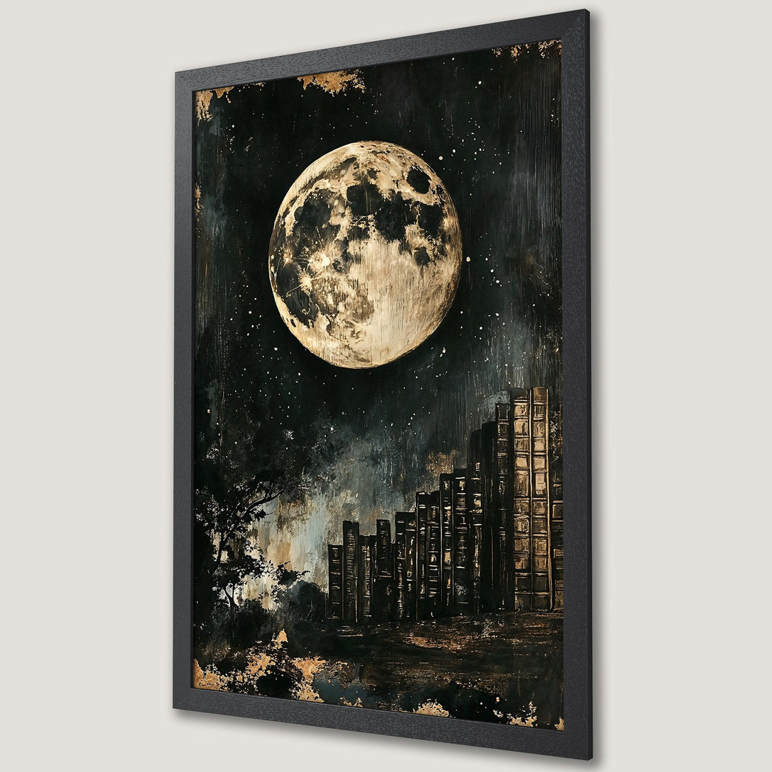 Framed Poster: Moonlit night art print with a celestial landscape, dark & gold color palette, perfect for home decor.