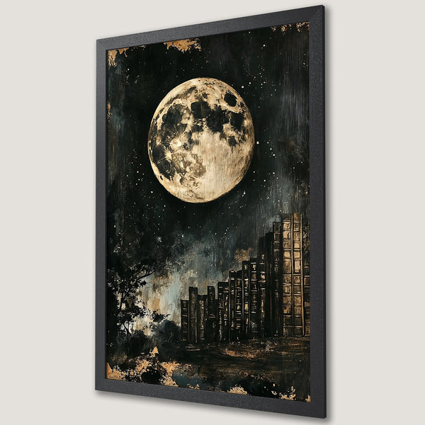 Framed Poster: Moonlit night art print with a celestial landscape, dark & gold color palette, perfect for home decor.