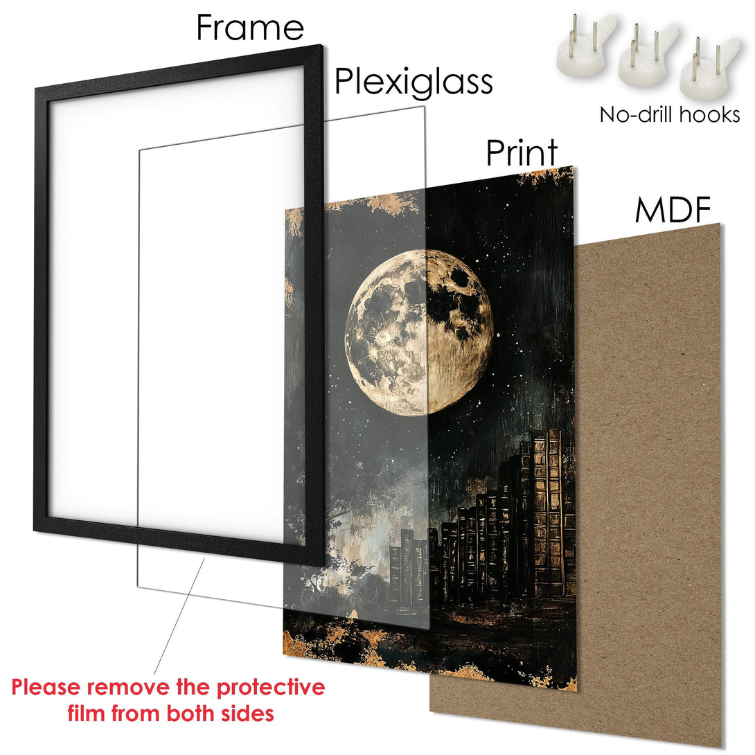Framed Poster featuring a moonlit cityscape in a dark, moody style. Black frame with a gold and black color palette. Ready to hang!